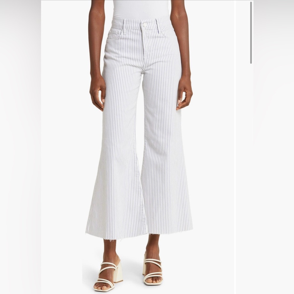 FRAME Women's Le Palazzo Crop Wide Leg Jeans Size 33 White Navy Stripe Raw Hem